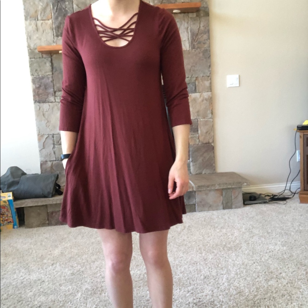 Brick Orange 3/4 Sleeve Strappy Neck Dress